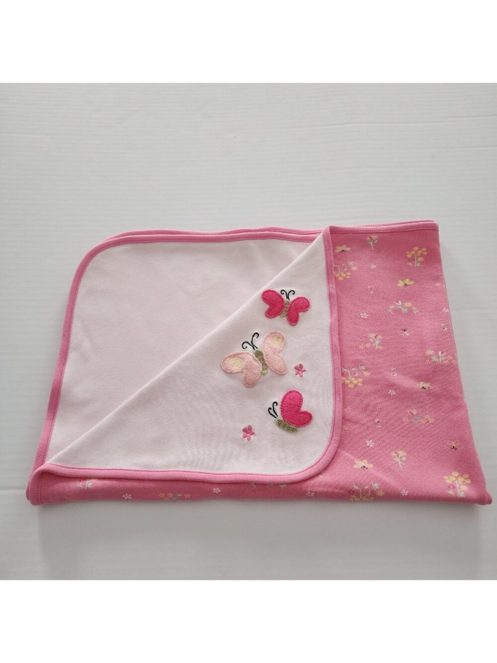 Vtg Carter's baby blanket white pink floral Butterfly applique cotton 24 x 32